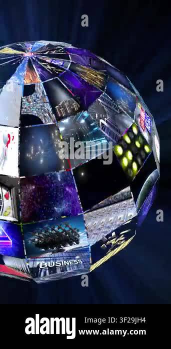 Spinning Media Ball with Many Video Loops with Beams of Light - 3d 4k