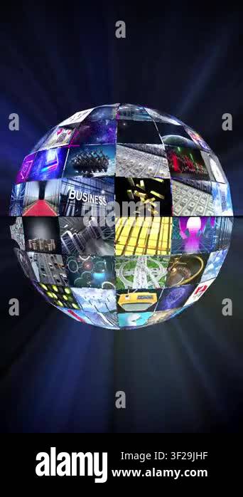 Rotating Globe Sphere Made of Video Loops with Light Rays - 3d 4k