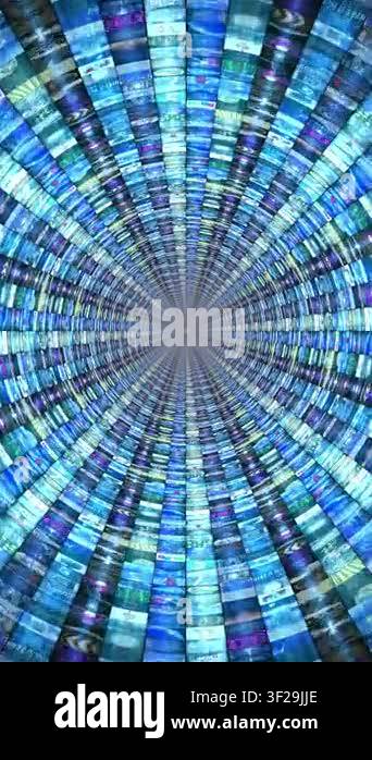 Flying Into Media Tunnel of Video Loops and Light Rays - 3d 4k vertical