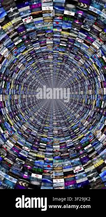 Flying Into Media Tunnel of Video Loops - 3d 4k vertical animation