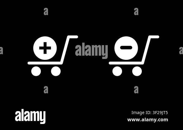 Simple black and white shopping cart icons with plus and minus symbols ...