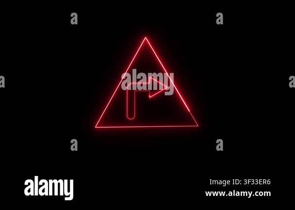 Red neon triangle with right turn arrow symbol on black background ...