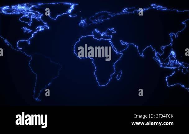 Global World Map Outline Glowing Deep Blue on animated Black Background ...