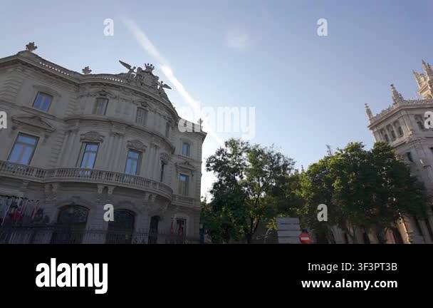 Low Angle View Of Cibeles Palace Facade With Blue Sky In Madrid Spain