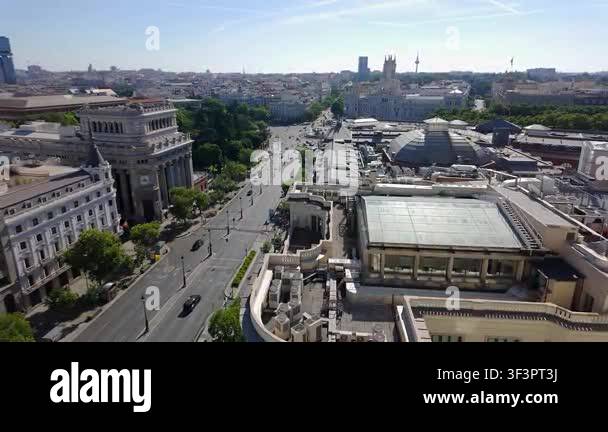 High Angle View Of Cibeles Palace And Alcala Street With Central Madrid