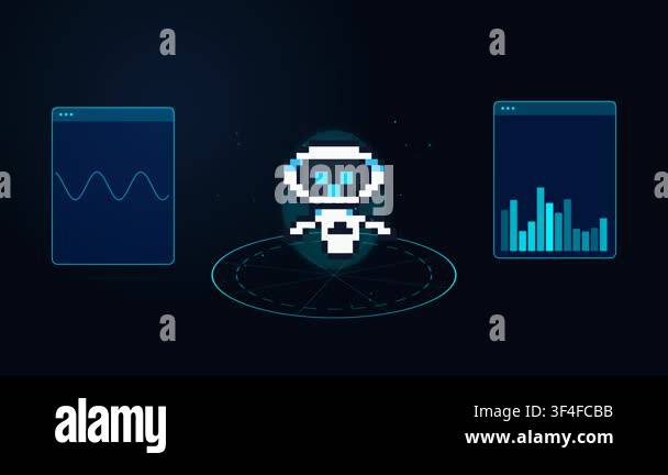 Pixel art robot with digital data visualization interface Stock Video ...