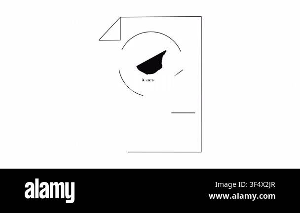 A simple line drawing of a document with a black blob and circular ...