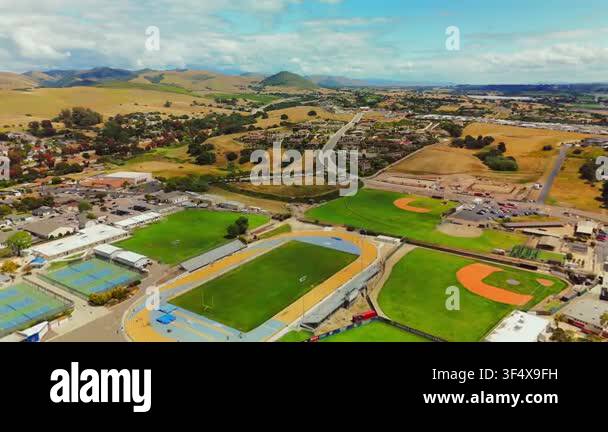 Aerial drone view over school sports complex showing athletic fields ...