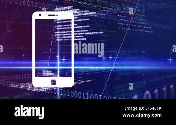 Displaying financial graphs, animation on smartphone with binary code ...