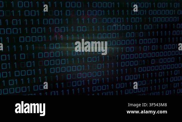 Binary code animation over dark background with red and blue hues ...
