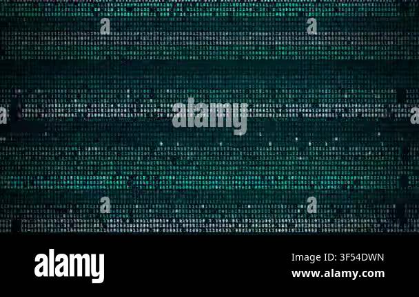 Binary code scrolling on digital screen with horizontal glitch lines ...