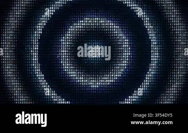 Binary code forming rotating concentric rings on dark digital ...