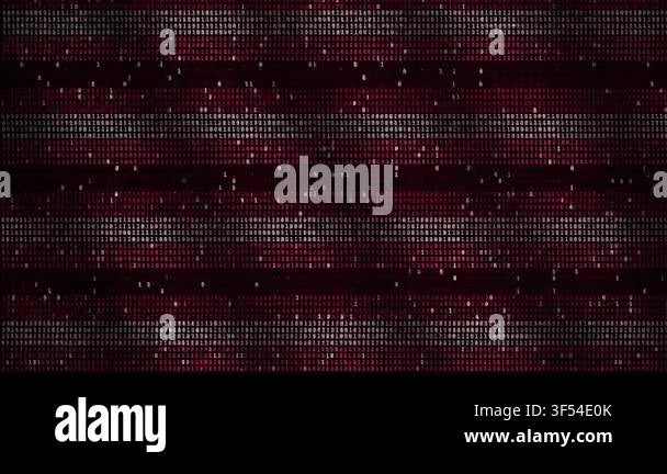 Binary code scrolling across dark digital screen in horizontal bands ...