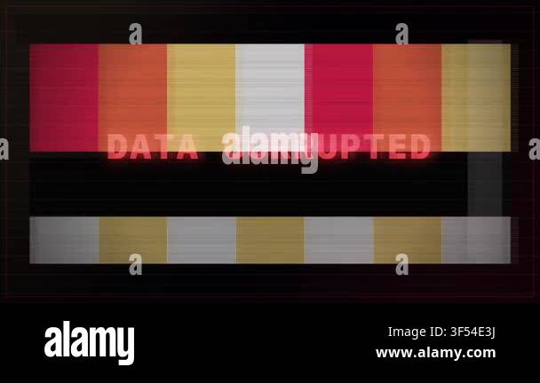 Data corrupted message glitching on monitor screen with horizontal ...