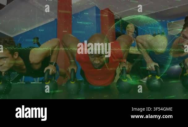 Vertical video: Center man in red starting kettlebell pushups for ...