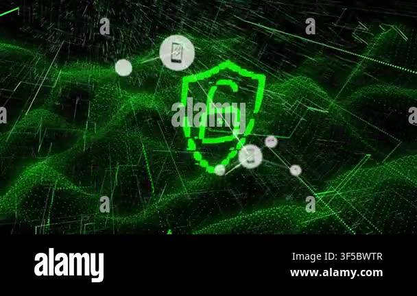 Security shield emerging over green grid, spawning phone and music ...