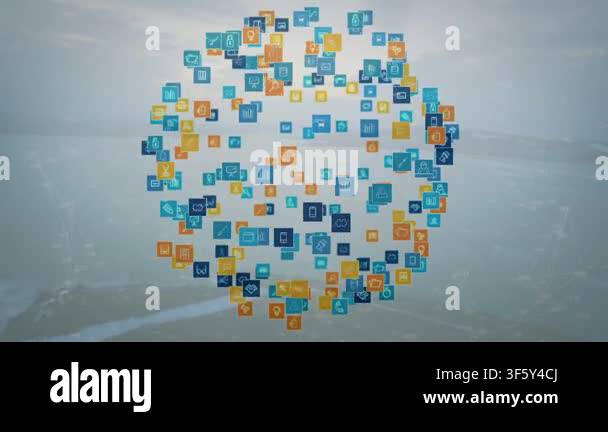 Multicolor icon tile cluster rotating and expanding after playback ...
