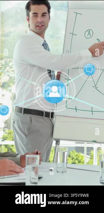 Vertical video: Man presenting chart, peer raising hand causing marker ...
