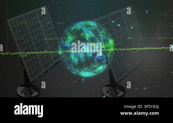 Waveform pulsing driving central globe rotating, emitting shards while ...