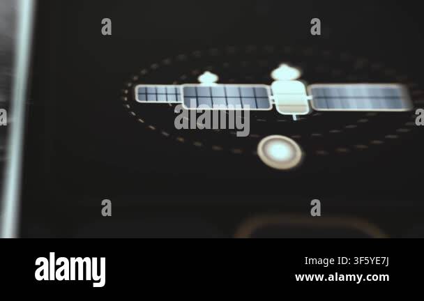 Close up of a detailed satellite graphic with wide solar arrays and ...