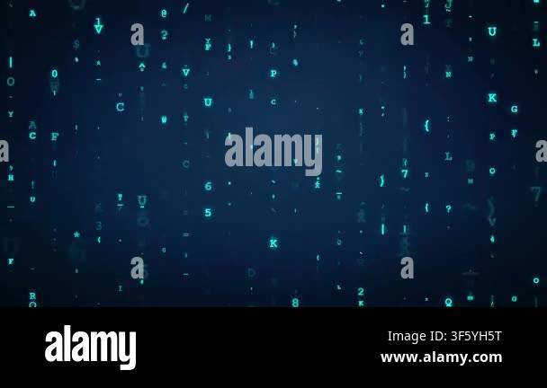 Digital rain of glowing blue characters and numbers falling against a ...