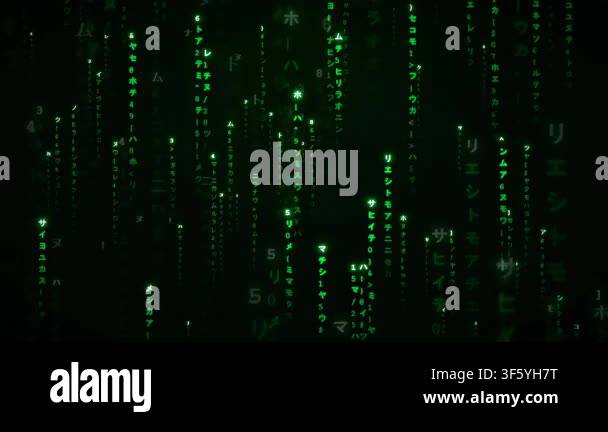 Digital rain effect with falling green characters and numbers on a ...