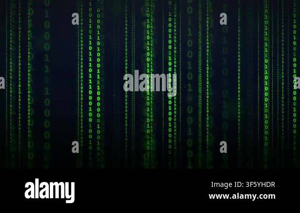 Digital rain of green binary code falling against a dark background ...