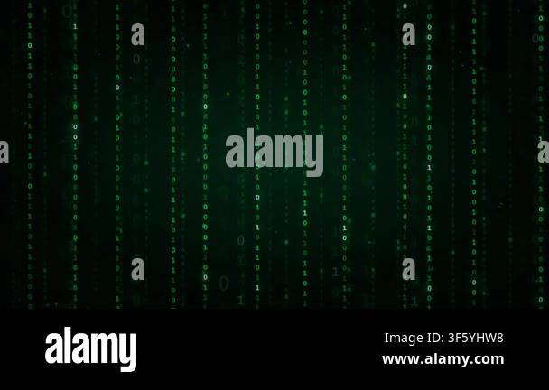 Digital rain of green binary code falling down against a dark ...