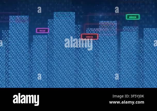 Abstract digital cityscape with glowing neon labels representing ...