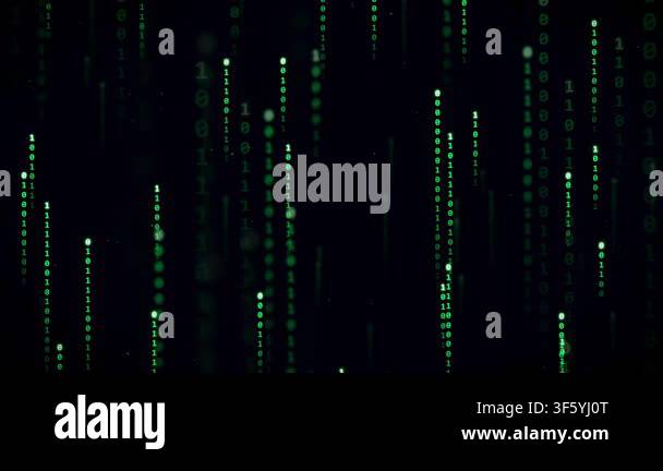 Digital rain of green binary code falling against a dark background ...