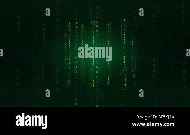 Digital rain of green binary code falling in vertical streams against a ...