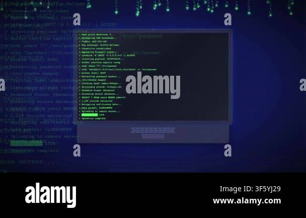 Abstract digital background with lines of code and a laptop screen ...