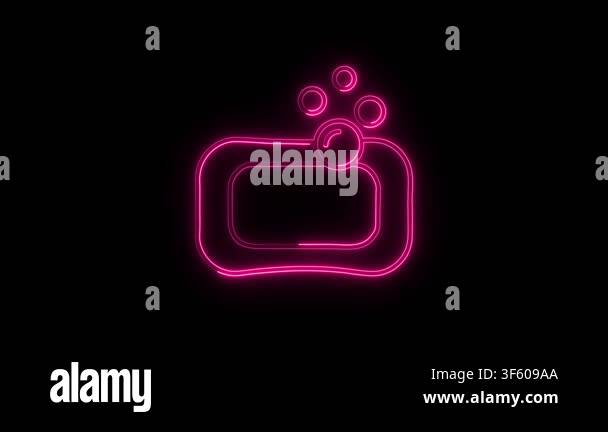 Glowing pink neon soap bar icon with bubbles animated on dark black ...