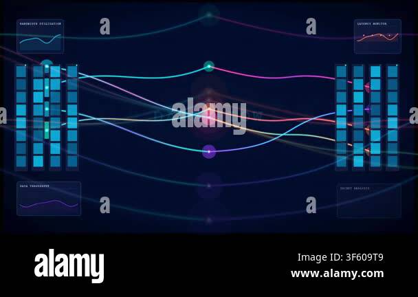 Abstract digital data flow visualization with colorful lines connecting ...