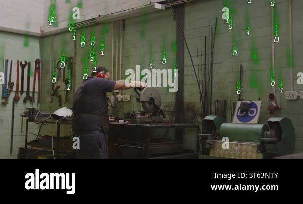 Fabricator using saw, cutting metal parts, sparks flying, green binary ...
