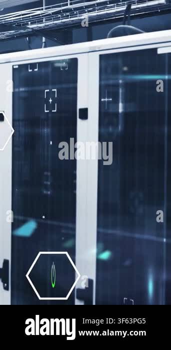 Vertical video: Tech racks showing moving hex icons overlaying glass ...