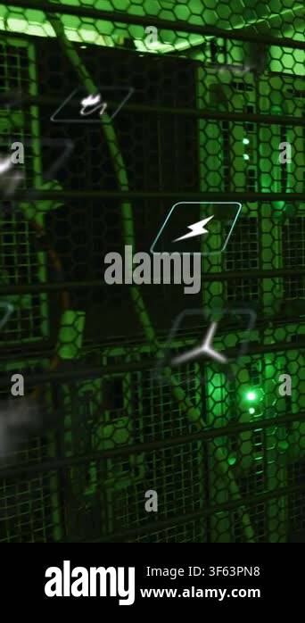Vertical video: IT rack behind hex grill reacting to scan, icons ...