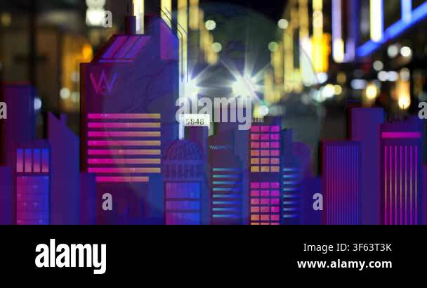 Neon skyline receiving live social engagement feed, showing floating ...