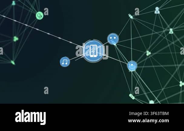 Phone node pulsing, sending links, spawning music notes into green mesh ...