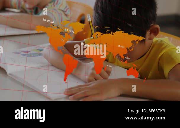Central boy placing pencil, doing school, camera widening, faint orange ...