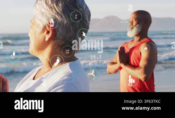 HUD fading in couple meditating beach camera nudging man into focus ...