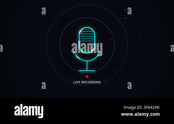 A stylish digital animation of a glowing blue neon microphone icon with ...