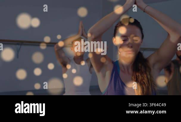 Yoga starting pose driving camera zooming on woman holding prayer pose ...
