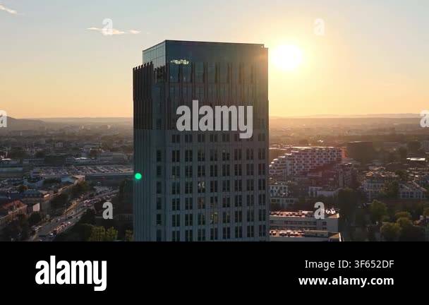 Aerial view of modern office building at sunset. Architectural design ...