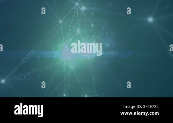 Animation of connections, light and math formulas on green background ...