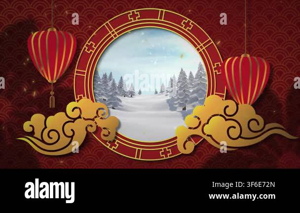 Animation of chinese frame over snow falling. Social media, christmas ...