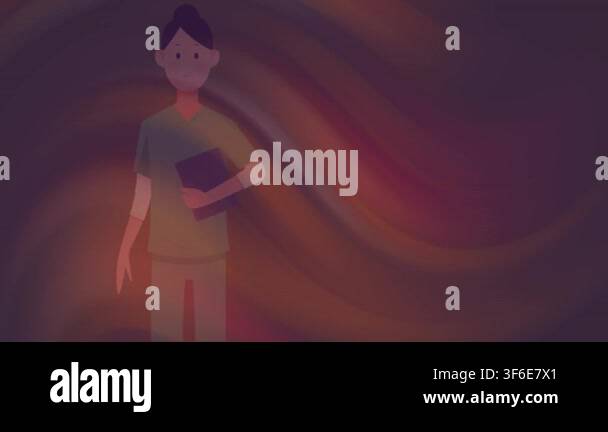 Female character holding clipboard, shifting while backdrop glowing ...