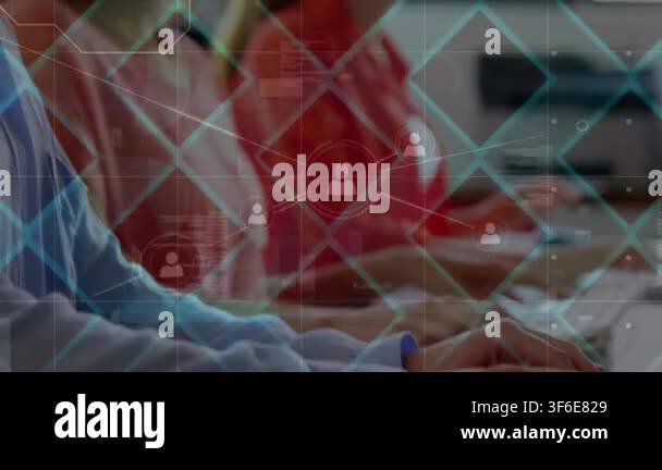 Network of profile icons and abstract design pattern over caucasian ...