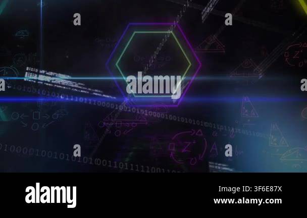 Animation of data processing over black background with lights and neon ...
