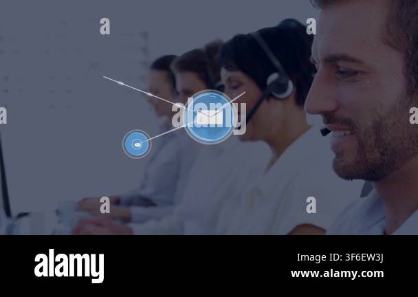 Support agents typing and speaking at desks blue envelope sparking ...